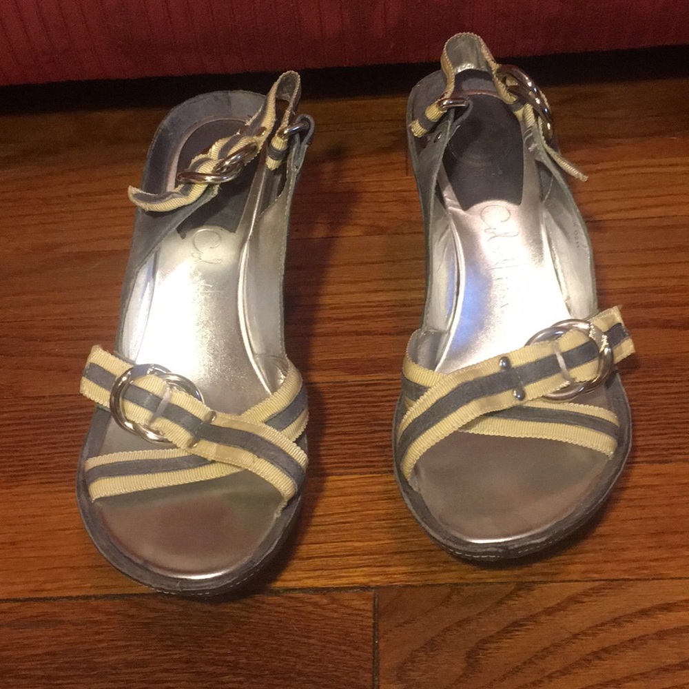blue strappy wedge heels